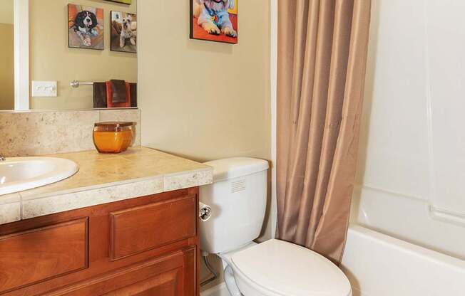 A white toilet sits in a bathroom next to a sink and a bathtub at The Landing Apartments and Townhomes, Oregon, 97045