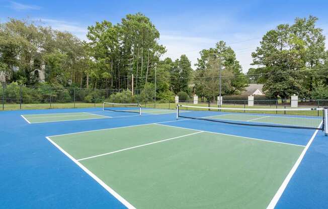 two tennis courts with trees in the background on a sunny day