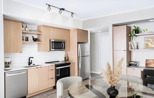 A built-in desk nook in this new home within our North Tower offers the perfect spot to work from home—stylish, functional, and seamlessly integrated.