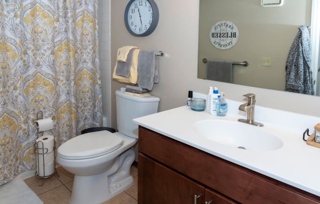 a bathroom with a toilet sink and mirror and a shower curtain