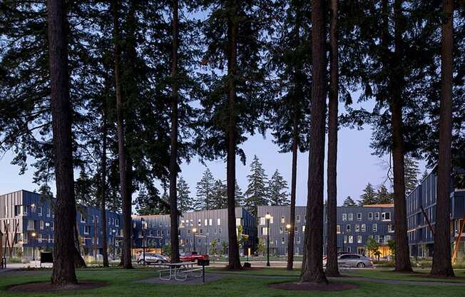 a row of apartment buildings with trees in the foreground