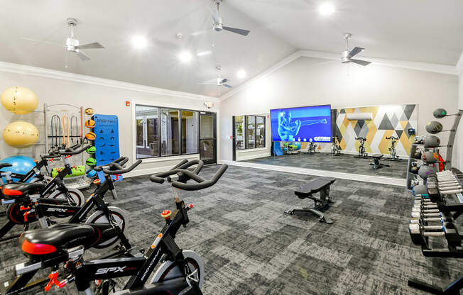 a home gym with bikes and weights and a television at Crossgates Apartment Homes, Starkville
