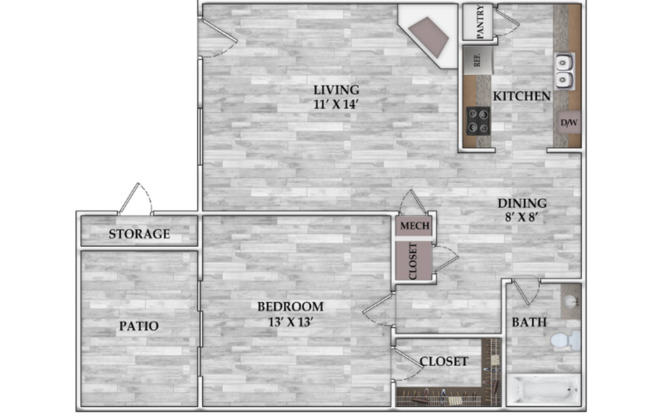 1 bed, 1 bath, 671 sqft, $720, Unit 117