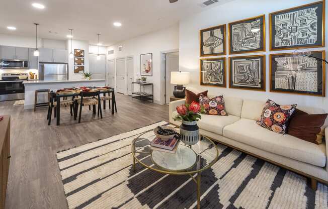 a living room with a couch and a table