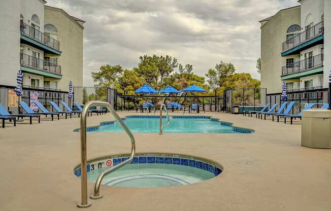 A pool with a metal ladder and a sign that says 3.