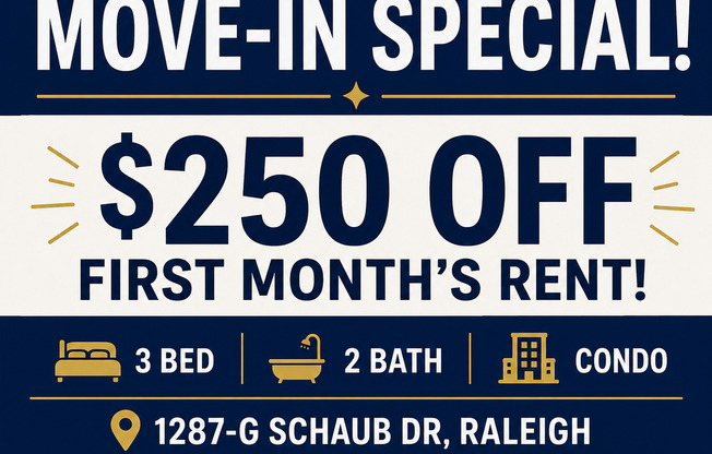 Three bedroom, 2 bath condo in Raleigh-$250 off first month!