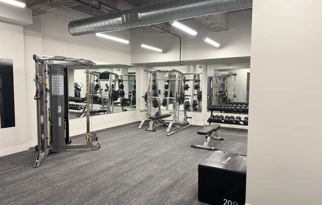 A gym with a variety of equipment including a squat rack, bench, and weights.