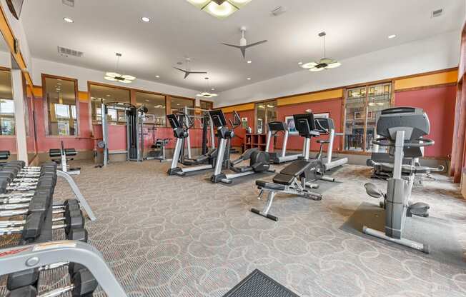 A gym with a variety of equipment including treadmills, weights, and exercise machines.