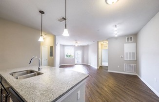 an empty living room and kitchen with a sink