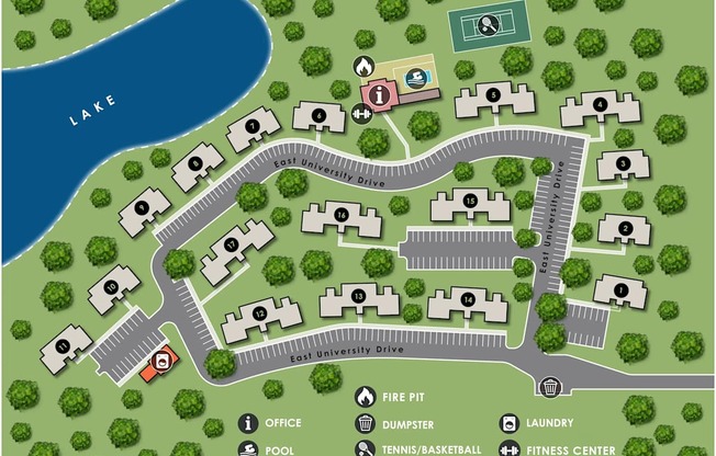 A map of a university campus with a lake and various facilities.