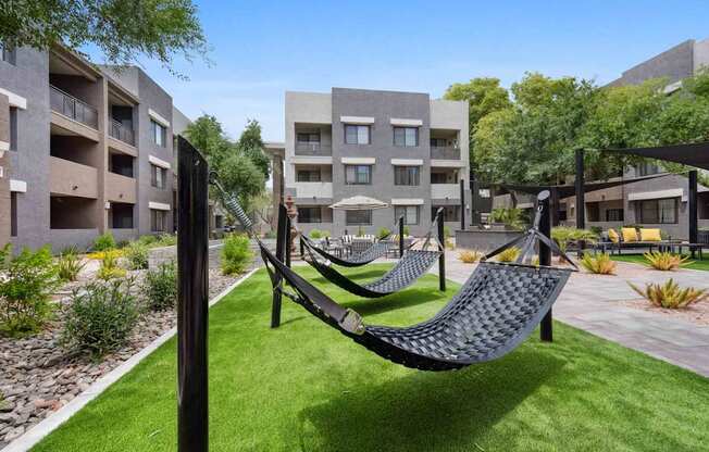 a view of the hammocks in the courtyard