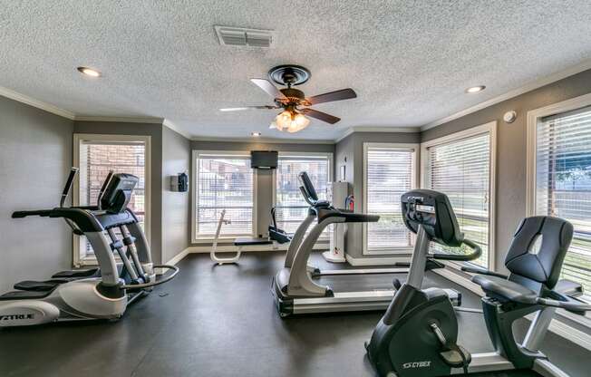 the gym has plenty of cardio equipment and a ceiling fan