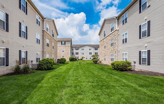 A grassy courtyard is surrounded by apartment buildings.
