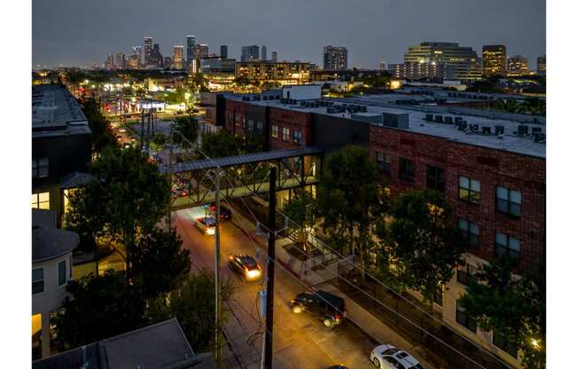 night-time city view at The Core apartments in Houston, TX