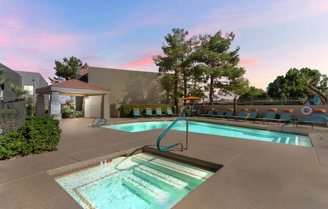 View of hot tub next to sparkling pool at Paseo 51, Glendale, AZ, 85302