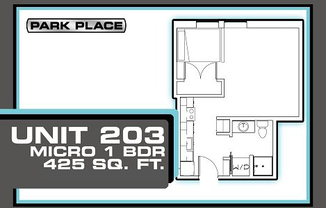 Studio, 1 bath, 399 sqft, $1,249, Unit 203