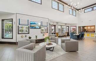 Luxury resident clubhouse and community lounge at Village at Broadstone Station apartments in Apex, NC