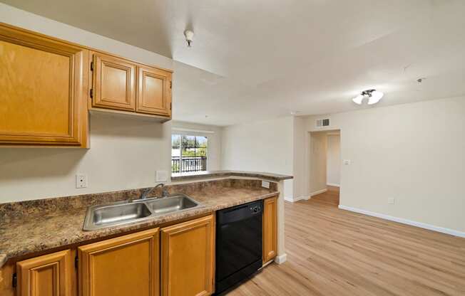 a kitchen and living area