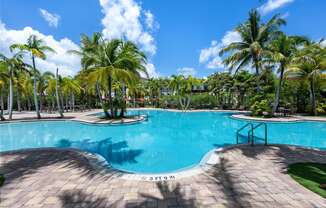 a swimming pool at a resort with palm trees