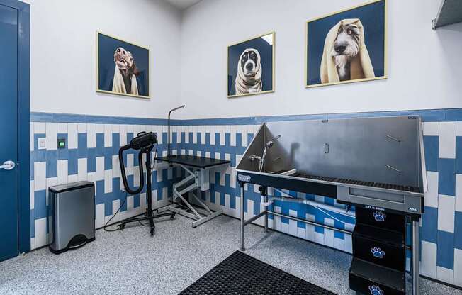 A room with a blue and white checkered floor and a table with a black bag on it.