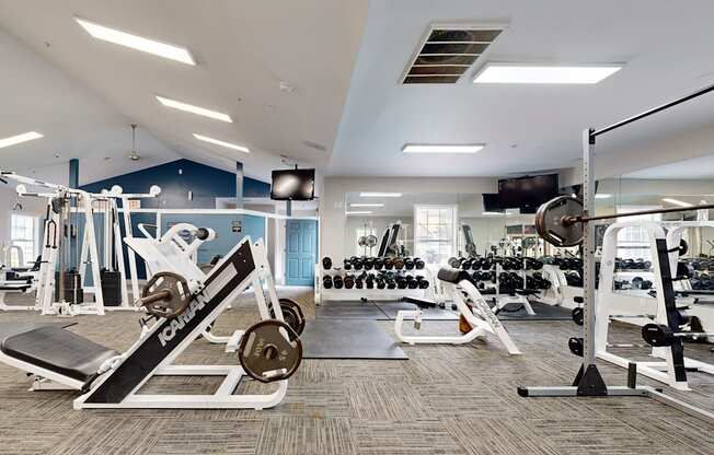 a gym with weights and cardio equipment in a building with blue walls