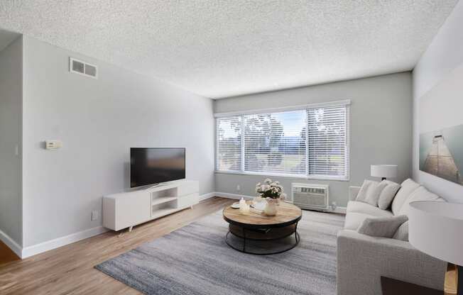 a living room with a couch and a table and a tv