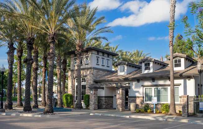 A row of palm trees line the front of a building.