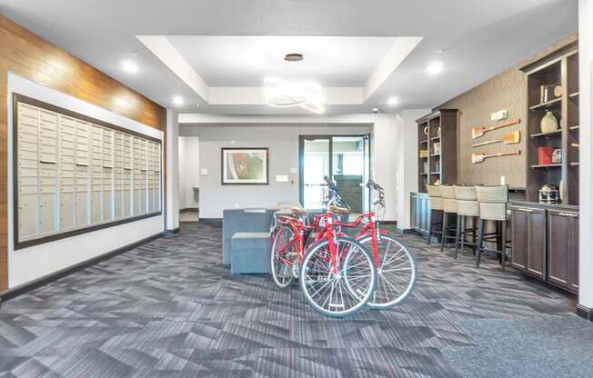 A room with a bicycle and a bench.