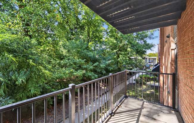 A balcony with a metal railing and a view of a green tree.
