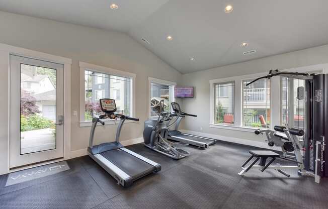 Fitness Center withTreadmill, Elliptical, Chest Machines, Full Mirrors, Rubber Matt Floor