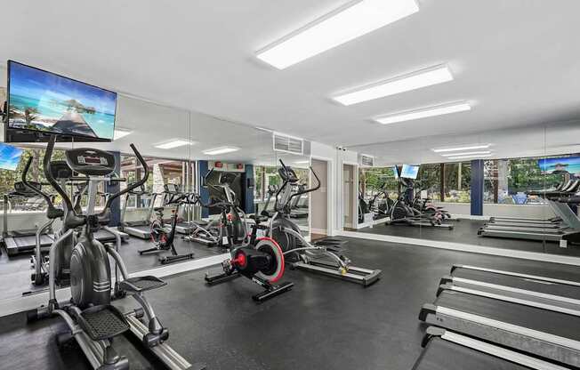 A gym with a variety of equipment including treadmills, stationary bikes, and weight machines.