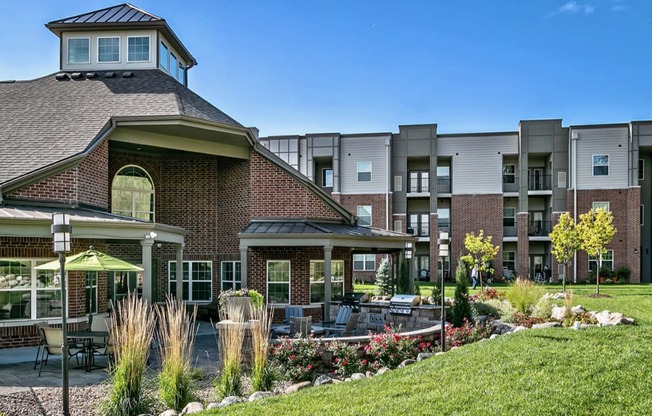Clubhouse exterior with fire pits at the Apex at Twin Creek in Bellevue, NE