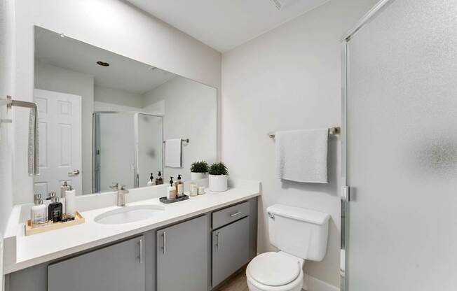 A white toilet sits next to a sink in a bathroom.