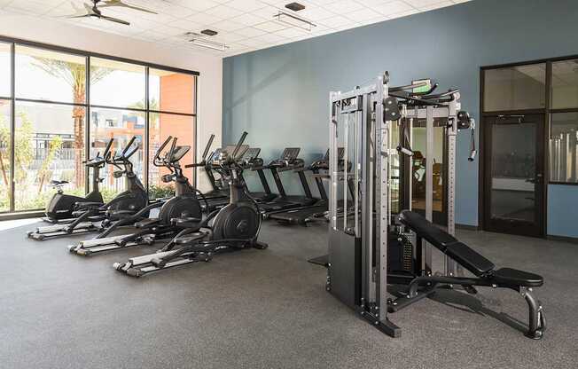 A gym with a row of treadmills and a row of stationary bikes.