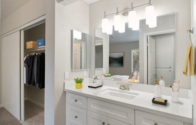 a bathroom with a sink and a mirror and a closet