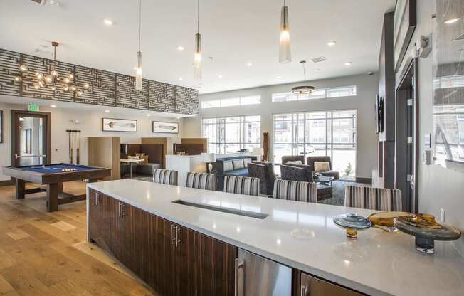 Community kitchen countertop overlooking community clubhouse