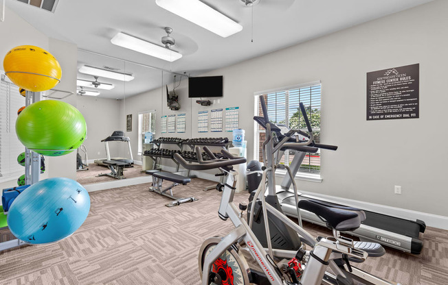 a gym with exercise machines and weights and a colorful ball