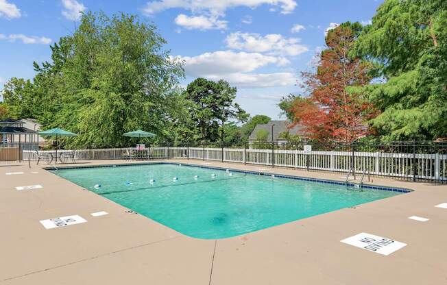 A large outdoor swimming pool surrounded by a fence and trees.