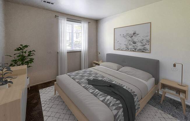 a bedroom with a bed and a dresser and a window