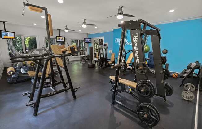 a fully equipped gym with weights and cardio equipment