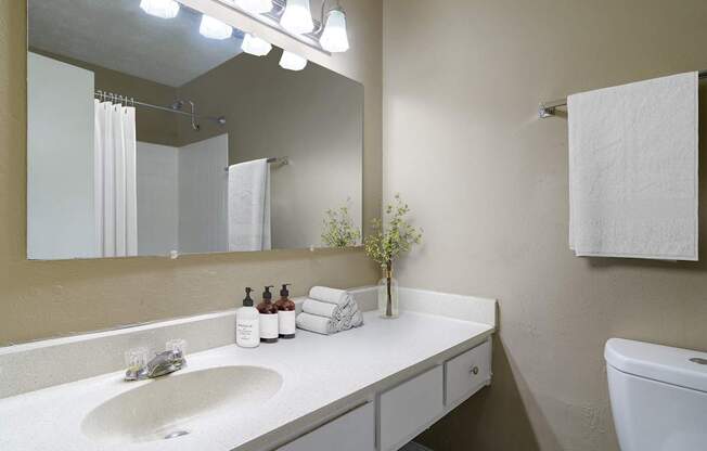 Modern bathroom with granite countertops, sleek fixtures, and ample lighting in a pet-friendly apartment at Stratford Ridge Apartments in Marietta, GA.