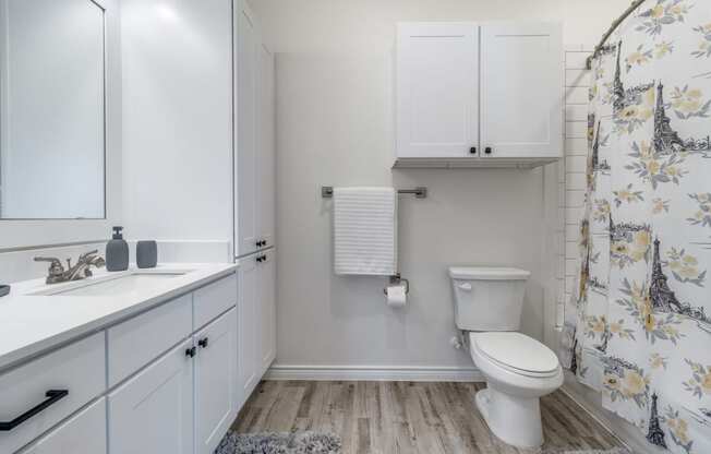 a bathroom with white cabinets and a toilet and a sink