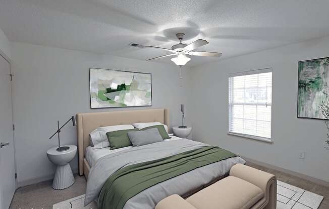 A bedroom with a bed, a chair, and a painting on the wall.