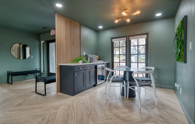 Hospitality bar and table inside leasing office at Treehouse in Albuquerque, New Mexico