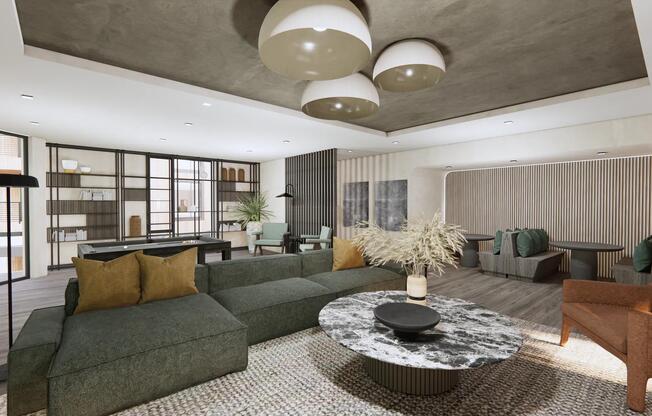 Resident lounge with multiple seating areas designed for connection and relaxation at Modera Revere Beach.