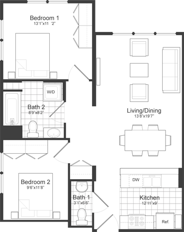 2 beds, 1.5 baths, 859 sqft, $3,950