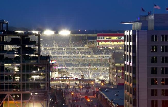 a view of a baseball stadium at night
