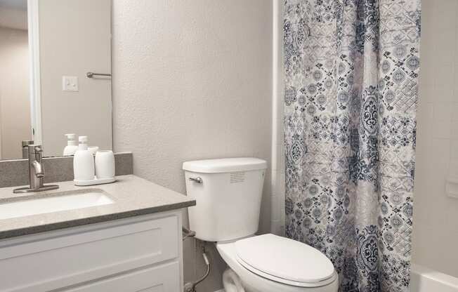 a bathroom with a shower and a toilet and a sink