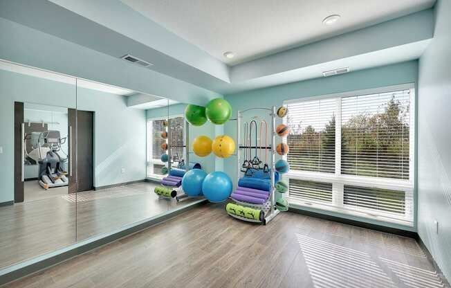 A room with a mirror, exercise equipment, and a window with blinds.
