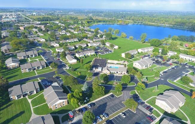 arial view of a neighborhood with nearby Haithco Park and lake